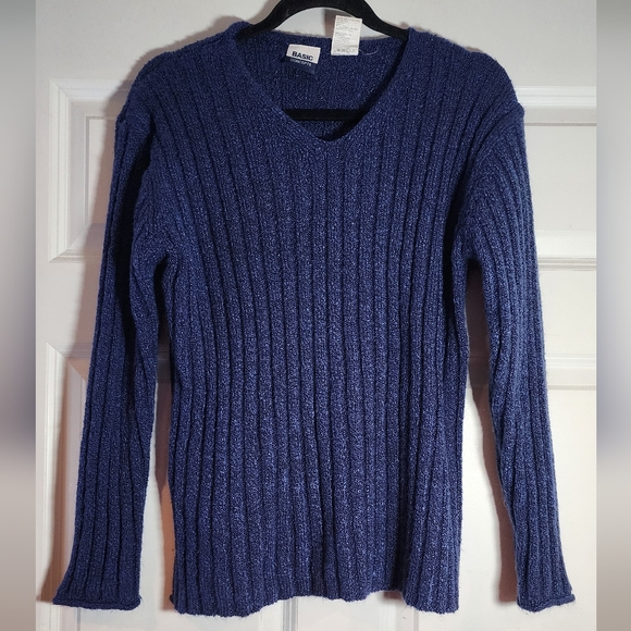 Basic Concepts Blue V-Neck Ribbed Knit Sweater L - Picture 1 of 5